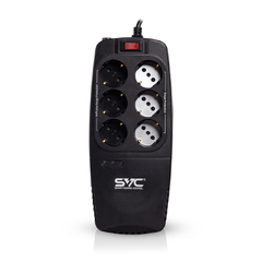Стабилизатор (AVR) SVC AVR-1200-U, Мощность 1200ВА/600Вт, Диапазон работы AVR: 176-276В, Тип выходных разъёмов: Schuko х 6 шт., LED-индикаторы, Защита телефонной линии, Чёрный  *-* 