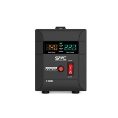 Стабилизатор (AVR) SVC R-600, 600ВА/500Вт, Диапазон работы AVR: 140-260В, Выходное напряжение: 220В +/-7%, Задержка включения, выход 2 шт Shсuko, LCD-дисплей, Защита: от перегрузки, короткого замыкания, повышенной температуры, Чёрно-красный *-* 